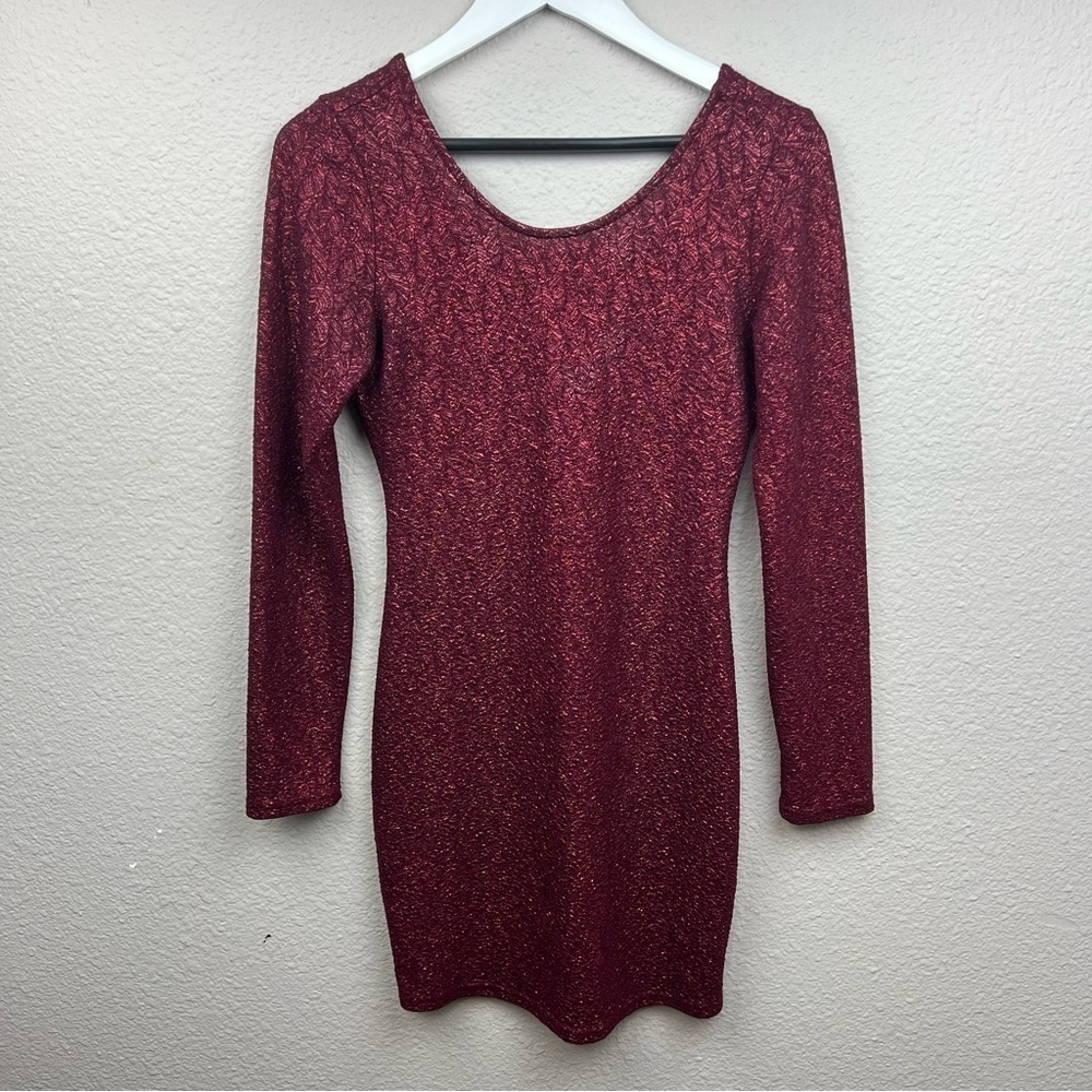 Haute Monde Long Sleeve Bodycon Pink Mettalic Burgundy Mini Dress Sz M